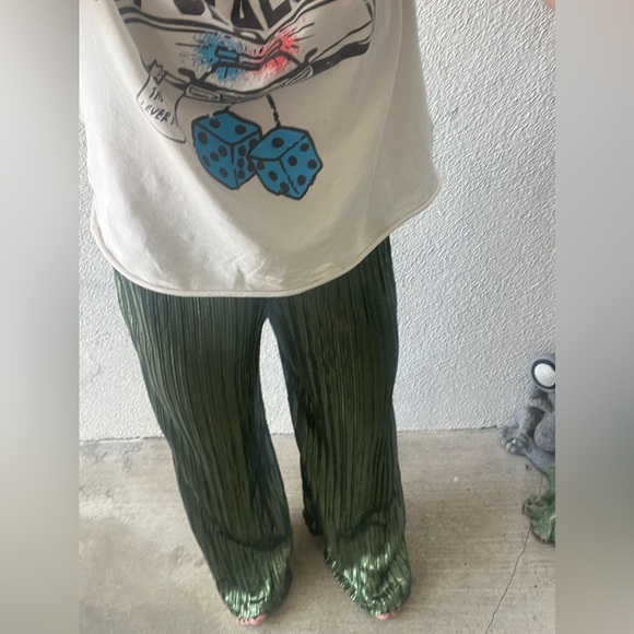 NWOT Nightcap Clothing green metallic pleated wide leg pants small pull on style - Picture 8 of 8